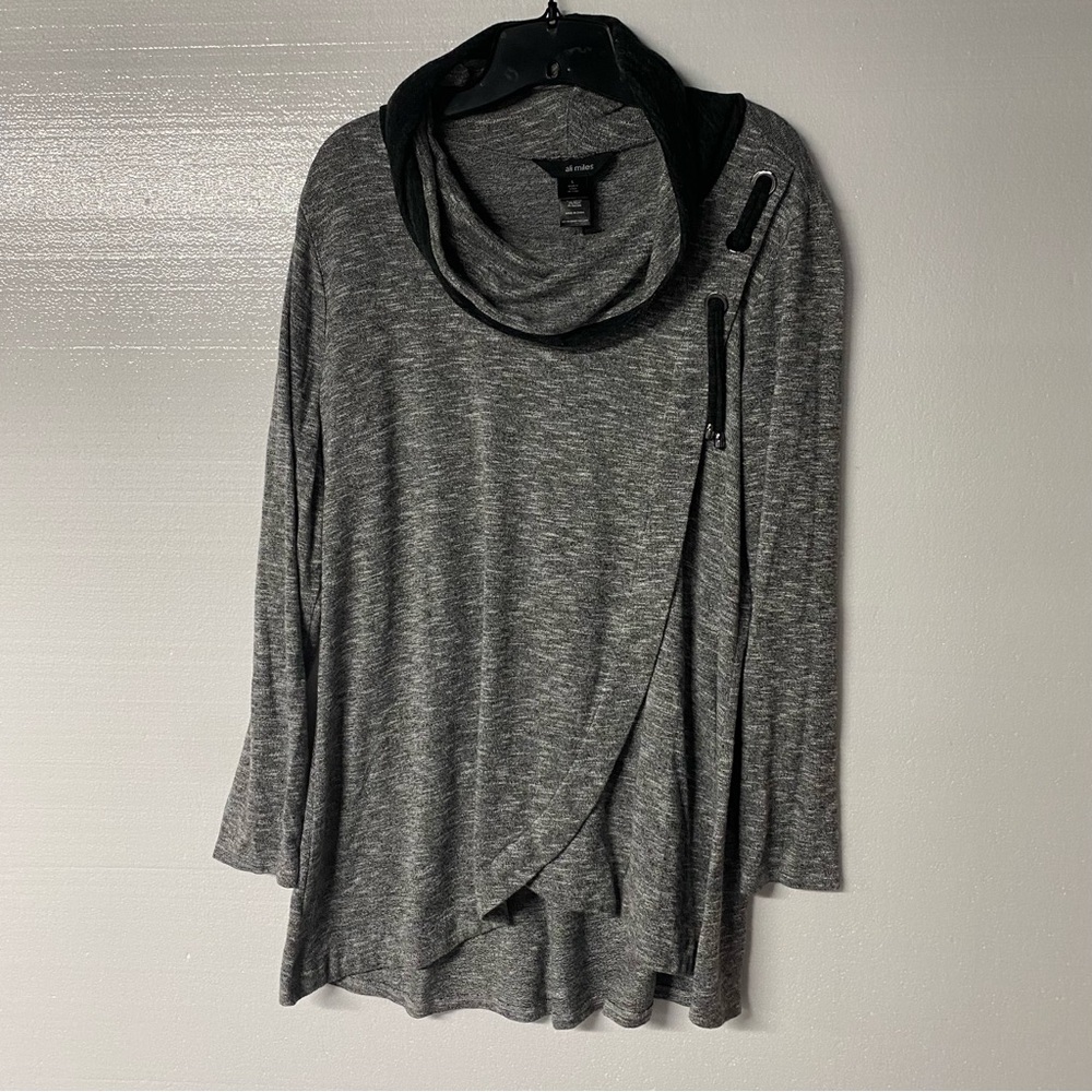 Ali Miles Tunic Shirt Women L Gray Cowl Neck Lagenlook Stretch Flowy Rayon Blend